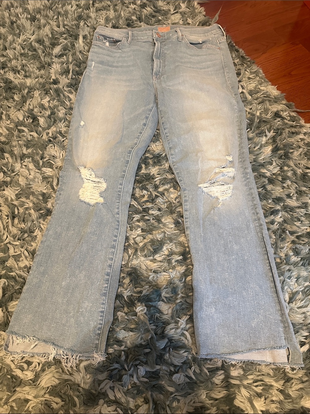 MOTHER Light Blue Distressed Flare Jeans